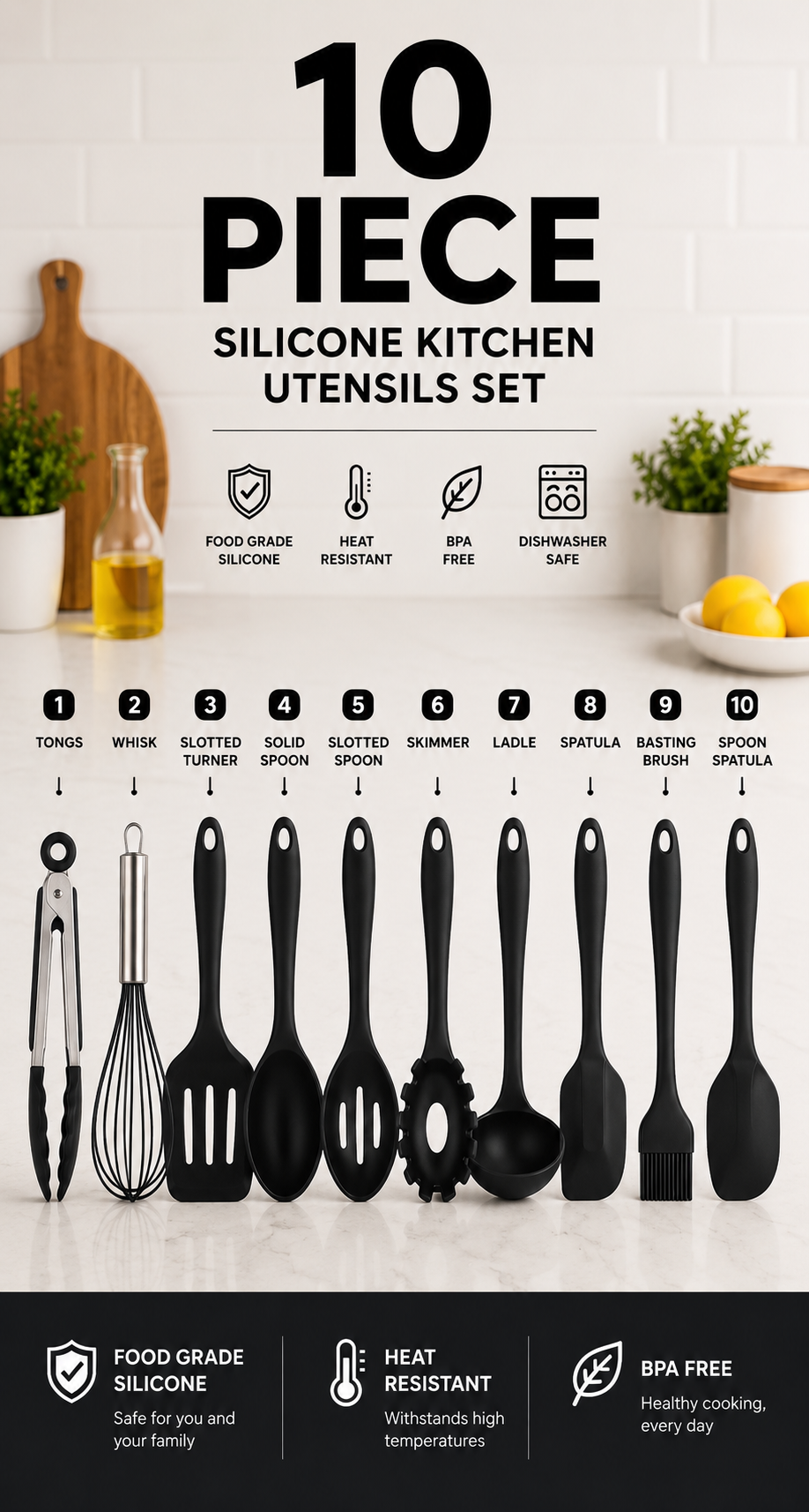10-Piece Silicone Kitchen Utensil Set — BPA-Free, Non-Stick Safe - Image 3