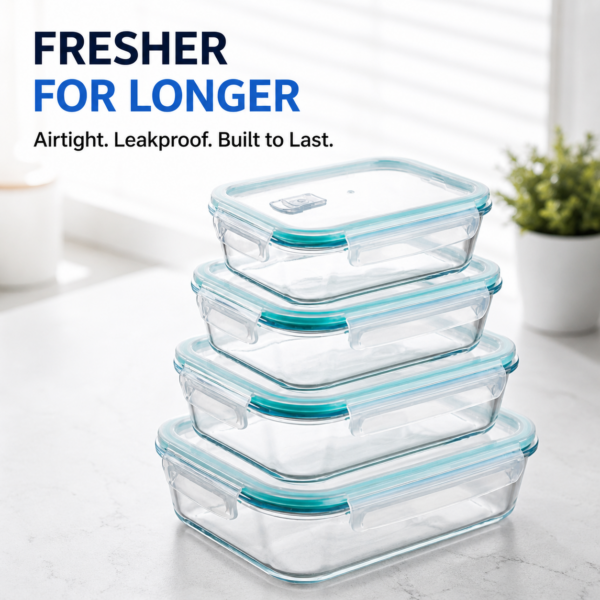 Rectangular Glass Food Containers with Lids — 4-Pack, Airtight & Microwave Safe