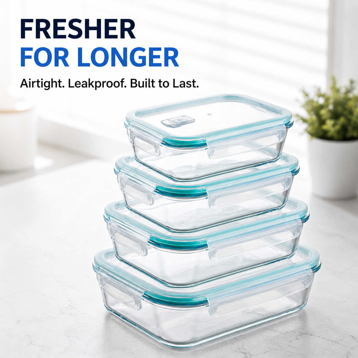 Rectangular Glass Food Containers with Lids — 4-Pack, Airtight & Microwave Safe