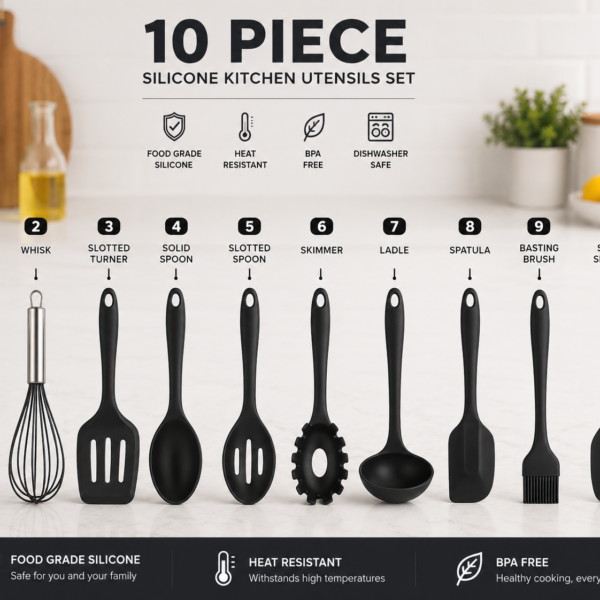10-Piece Silicone Kitchen Utensil Set  — BPA-Free, Non-Stick Safe