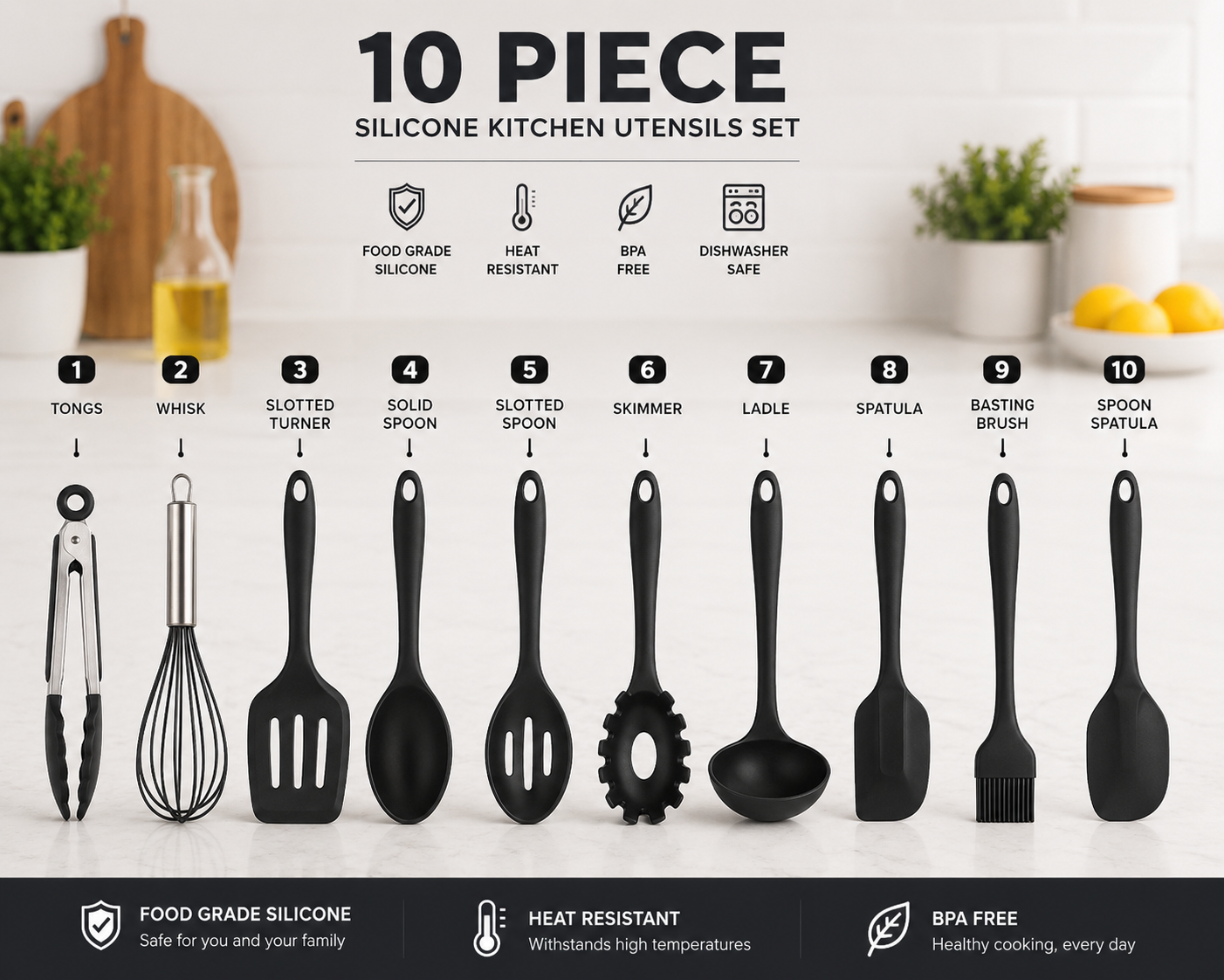10-Piece Silicone Kitchen Utensil Set — BPA-Free, Non-Stick Safe