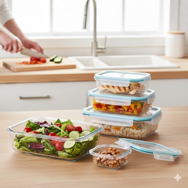 Premium 4-Pack Rectangular Glass Containers with Lids - Food Storage Containers, Kitchen and Fridge Storage, Airtight Seal - Meal Prep, Leak-Proof, microwave - safe