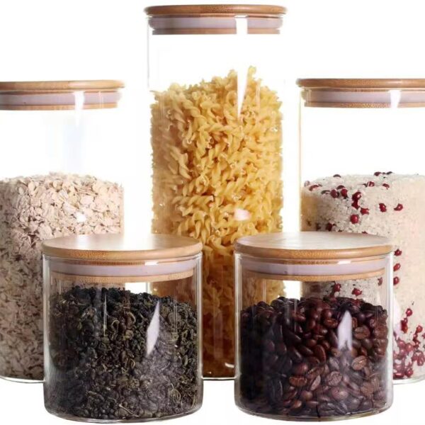 Mayaaran 5-Pack Glass Storage Jars with Bamboo Lids – Airtight Borosilicate Glass Containers for Pantry, Kitchen Organisation, Pasta and Spaghetti, Spices & Dry Food – Multi-Sized Jars with Lids