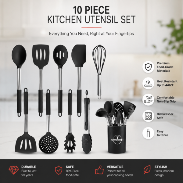 Silicone Kitchen Utensil Set with Holder — 10-Piece, BPA-Free & Heat Resistant