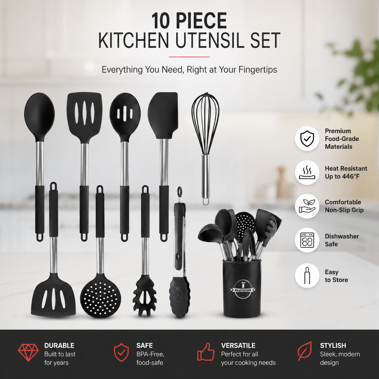 Silicone Kitchen Utensil Set with Holder — 10-Piece, BPA-Free & Heat Resistant