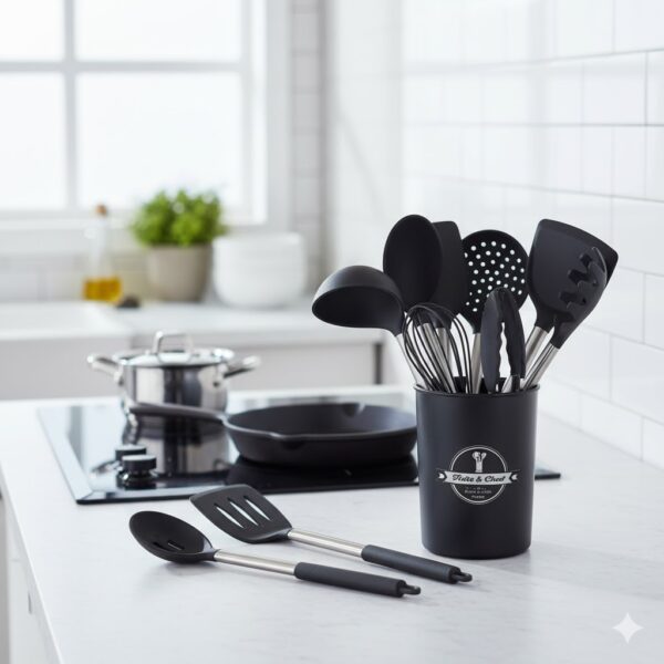 Mayaaran 10 Pc Kitchen Utensils Set with Holder, Kitchen Accessories - Cooking & Baking Kitchen Set - Stainless Steel Handle Non-Stick, Heat Resistant BPA Free Black Silicone Utensil Set