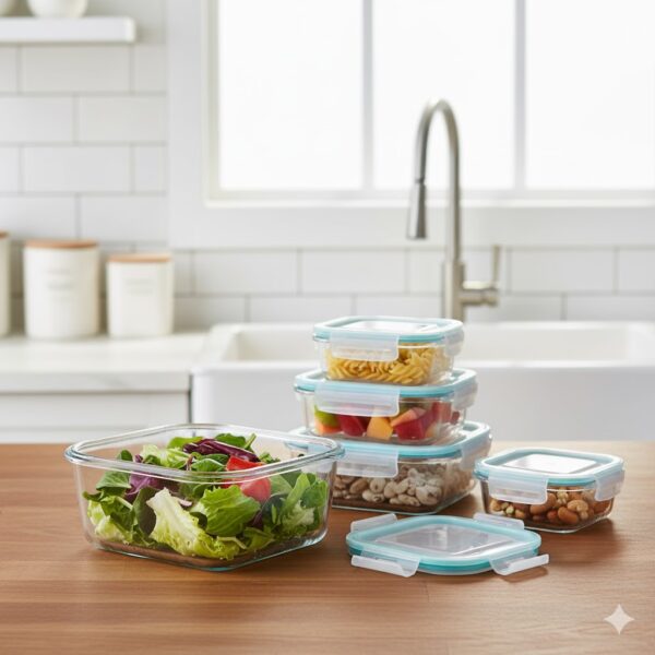 Premium Glass Containers with Lids 4 Pack- Food Storage Containers, Kitchen and Fridge Storage, Airtight Meal Prep Lunch box, Dishwasher Microwave safe, Glass containers with Lids (Square)