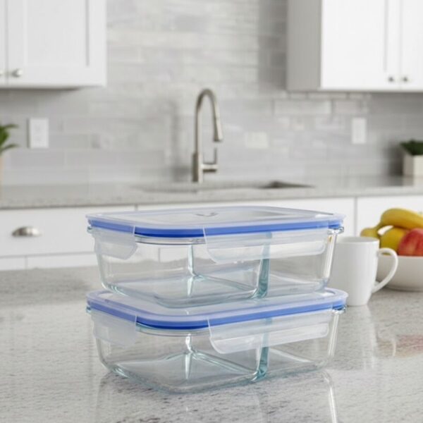 2-Compartment Glass Food Containers — Set of 2, Airtight & Microwave Safe