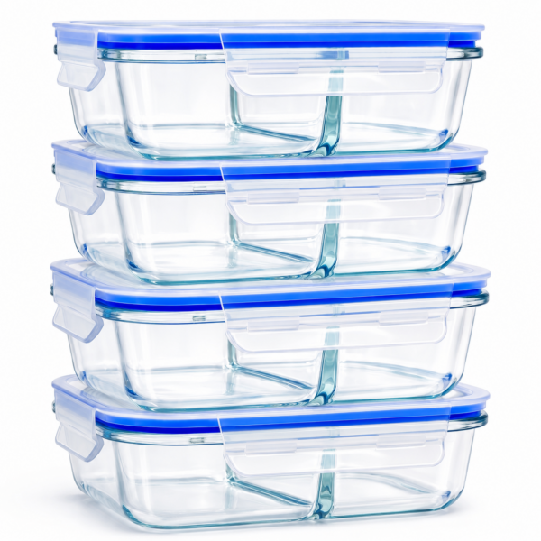 2-Compartment Glass Containers with Lids 1040ml – 4 Pack Meal Prep | Borosilicate glass, leakproof lid – oven, microwave, freezer & dishwasher safe, 2-compartment meal prep, 4 pack