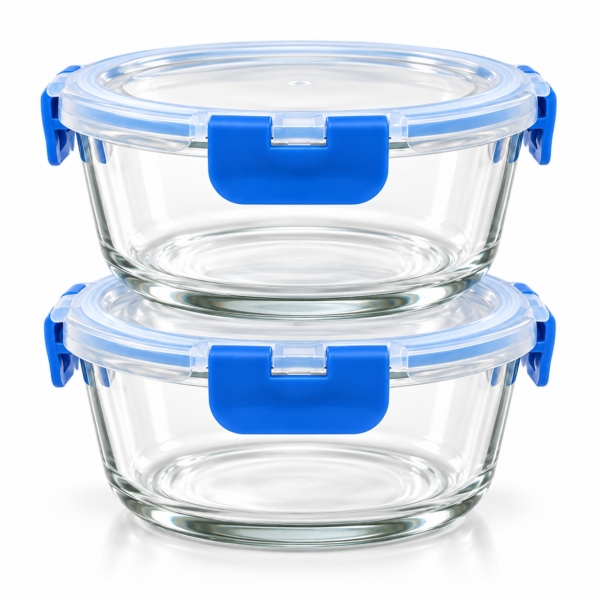 Glass Food Storage Containers with Lids, 2 Pack Round 1200ml