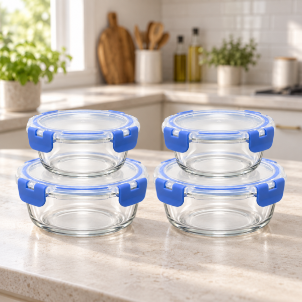Round Glass Food Storage Containers with Lids, 4 Pack 2 x 400ml, 2 x 950ml