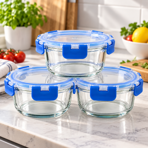 Glass Meal Prep Containers with Lids, 3 Pack 620ml, Airtight Leakproof